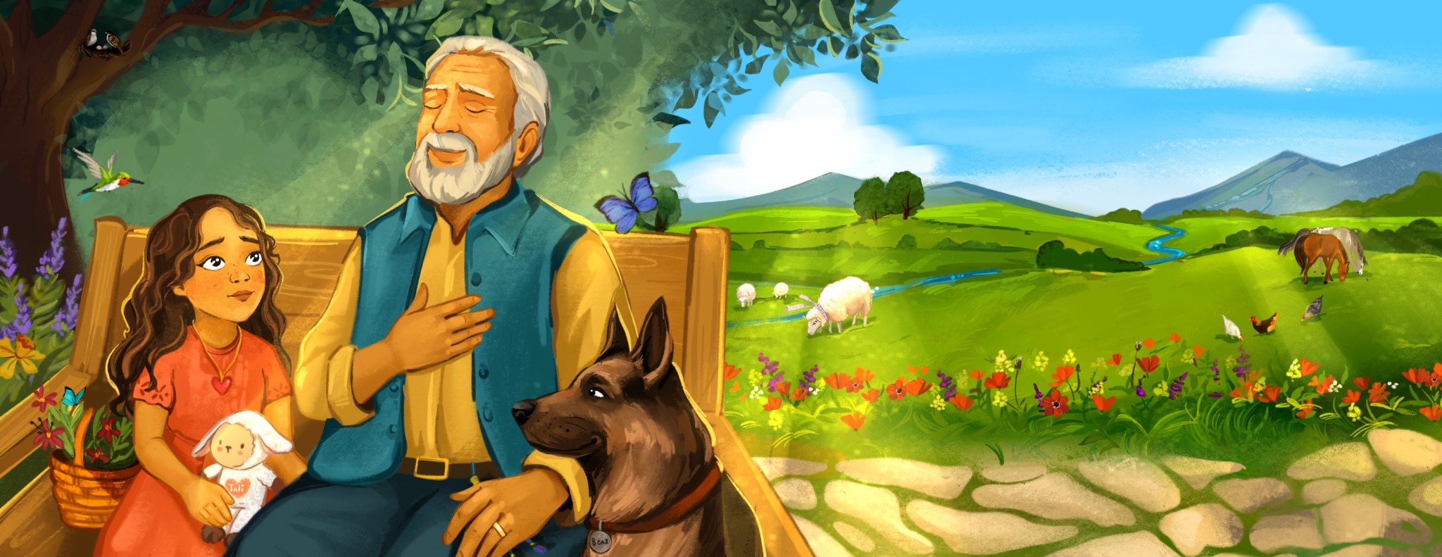 Lily and Grandpa sharing a quiet moment on a bench with their dog