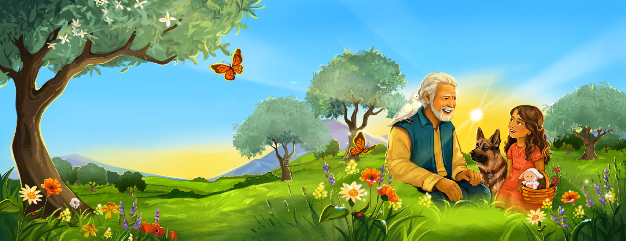 Grandpa, Lily and their dog in a sunlit meadow