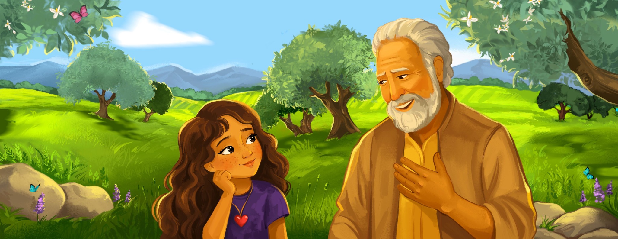 Lily listening to Grandpa in the meadow