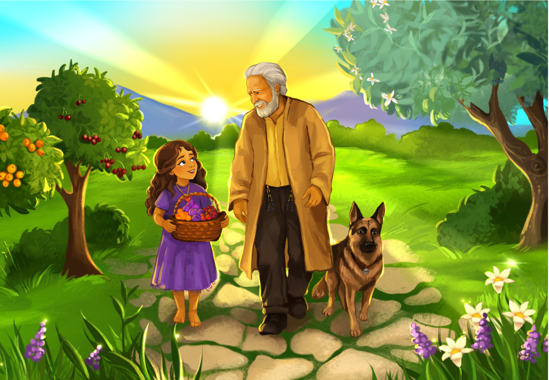 Lily, Grandpa and their dog walking through the sunlit meadow